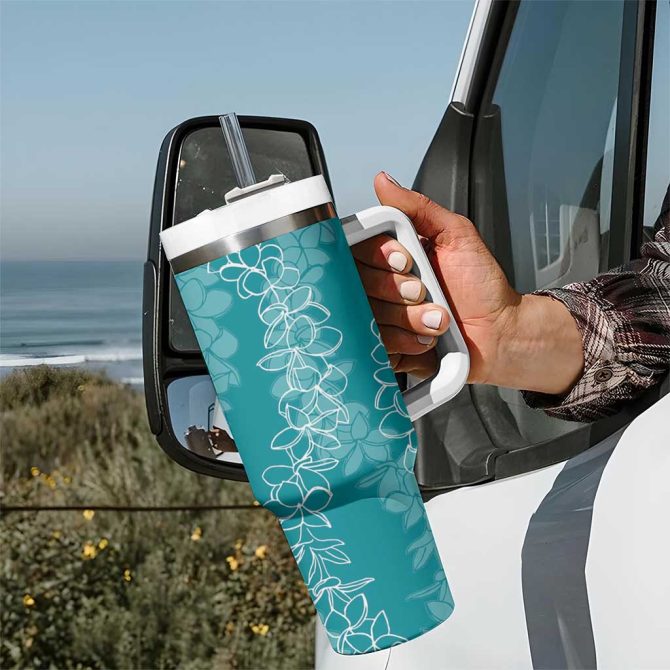 Hawaii Plumeria Lei Aloha Festive Teal Custom Stanley Quencher 40Oz Stainless Steel Tumbler With Handle - Image 7