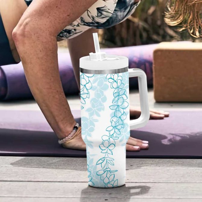 Hawaii Plumeria Lei Aloha Festive Turquoise Custom Stanley Quencher 40Oz Stainless Steel Tumbler With Handle - Image 6