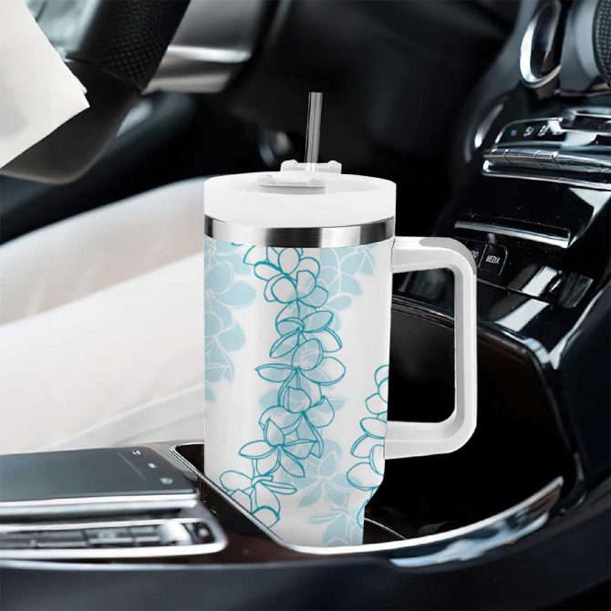 Hawaii Plumeria Lei Aloha Festive Turquoise Custom Stanley Quencher 40Oz Stainless Steel Tumbler With Handle - Image 8