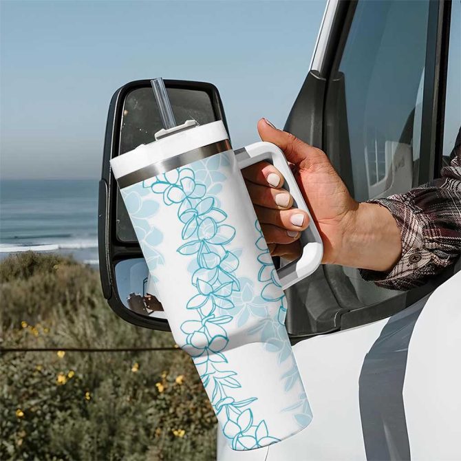 Hawaii Plumeria Lei Aloha Festive Turquoise Custom Stanley Quencher 40Oz Stainless Steel Tumbler With Handle - Image 7
