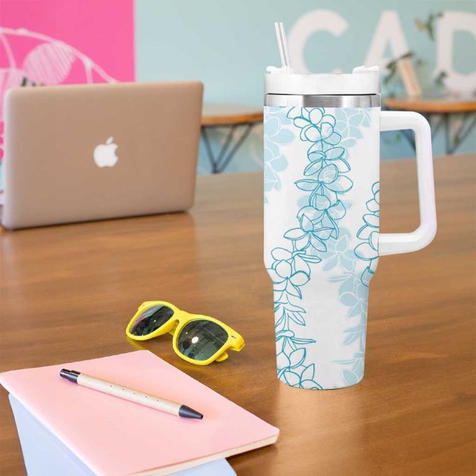 Hawaii Plumeria Lei Aloha Festive Turquoise Custom Stanley Quencher 40Oz Stainless Steel Tumbler With Handle - Image 5