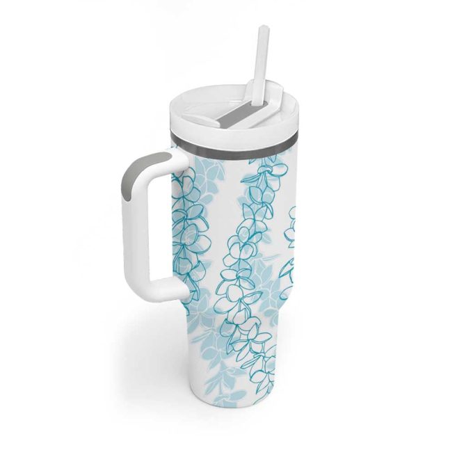 Hawaii Plumeria Lei Aloha Festive Turquoise Custom Stanley Quencher 40Oz Stainless Steel Tumbler With Handle - Image 2