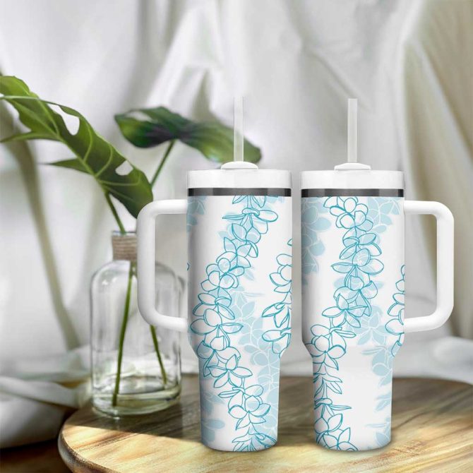 Hawaii Plumeria Lei Aloha Festive Turquoise Custom Stanley Quencher 40Oz Stainless Steel Tumbler With Handle - Image 9