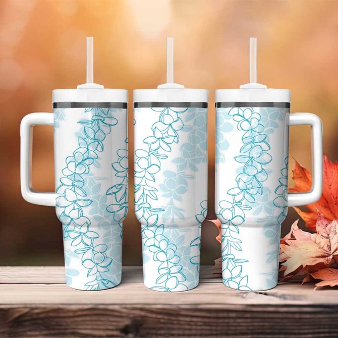 Hawaii Plumeria Lei Aloha Festive Turquoise Custom Stanley Quencher 40Oz Stainless Steel Tumbler With Handle - Image 4