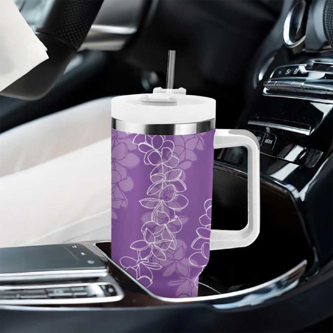 Hawaii Plumeria Lei Aloha Festive Violet Custom Stanley Quencher 40Oz Stainless Steel Tumbler With Handle - Image 8