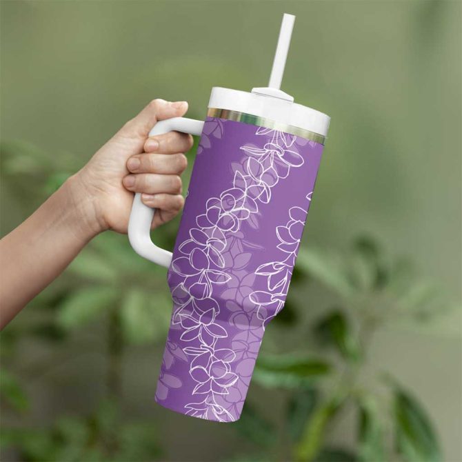 Hawaii Plumeria Lei Aloha Festive Violet Custom Stanley Quencher 40Oz Stainless Steel Tumbler With Handle - Image 3