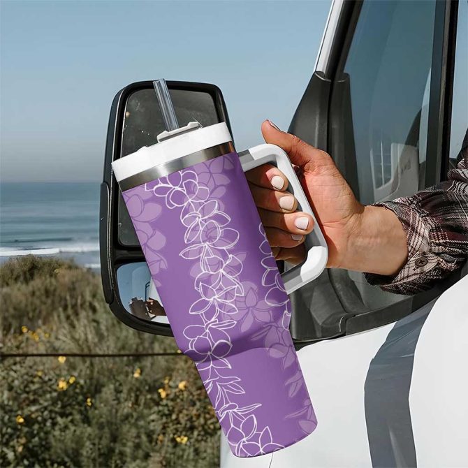 Hawaii Plumeria Lei Aloha Festive Violet Custom Stanley Quencher 40Oz Stainless Steel Tumbler With Handle - Image 7