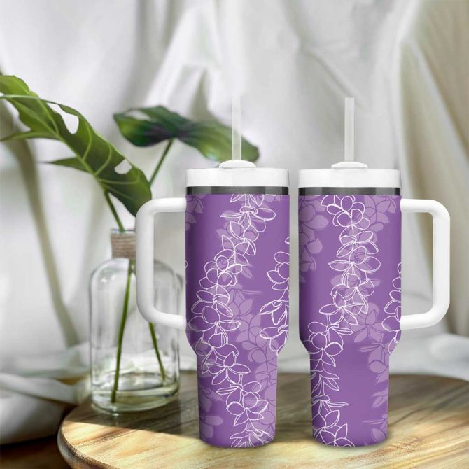 Hawaii Plumeria Lei Aloha Festive Violet Custom Stanley Quencher 40Oz Stainless Steel Tumbler With Handle - Image 9