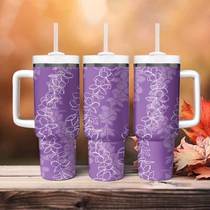 Hawaii Plumeria Lei Aloha Festive Violet Custom Stanley Quencher 40Oz Stainless Steel Tumbler With Handle - Image 4