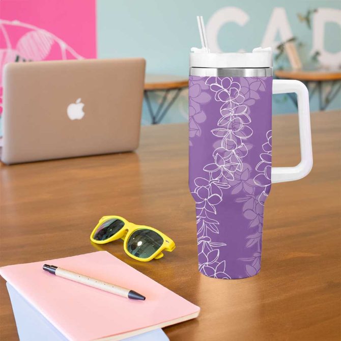 Hawaii Plumeria Lei Aloha Festive Violet Custom Stanley Quencher 40Oz Stainless Steel Tumbler With Handle - Image 5