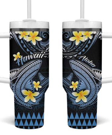 Hawaii Polynesian Shark With Kakau Blue Custom Stanley Quencher 40Oz Stainless Steel Tumbler With Handle