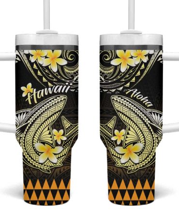 Hawaii Polynesian Shark With Kakau Gold Custom Stanley Quencher 40Oz Stainless Steel Tumbler With Handle