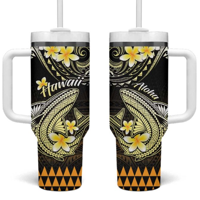 Hawaii Polynesian Shark With Kakau Gold Custom Stanley Quencher 40Oz Stainless Steel Tumbler With Handle