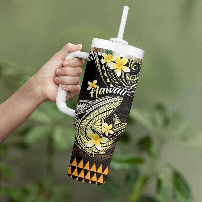Hawaii Polynesian Shark With Kakau Gold Custom Stanley Quencher 40Oz Stainless Steel Tumbler With Handle - Image 3