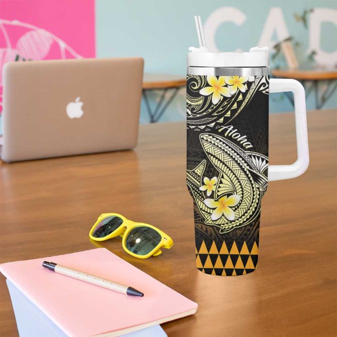 Hawaii Polynesian Shark With Kakau Gold Custom Stanley Quencher 40Oz Stainless Steel Tumbler With Handle - Image 5