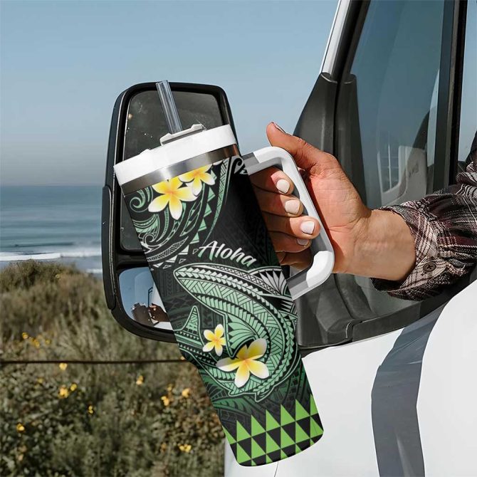 Hawaii Polynesian Shark With Kakau Green Custom Stanley Quencher 40Oz Stainless Steel Tumbler With Handle - Image 7