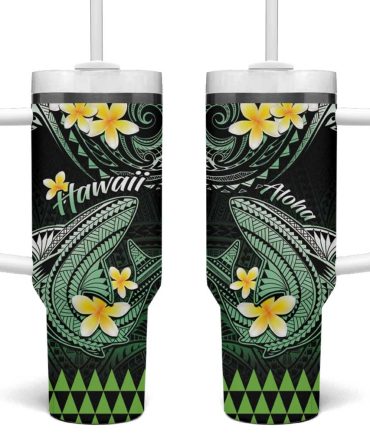Hawaii Polynesian Shark With Kakau Green Custom Stanley Quencher 40Oz Stainless Steel Tumbler With Handle