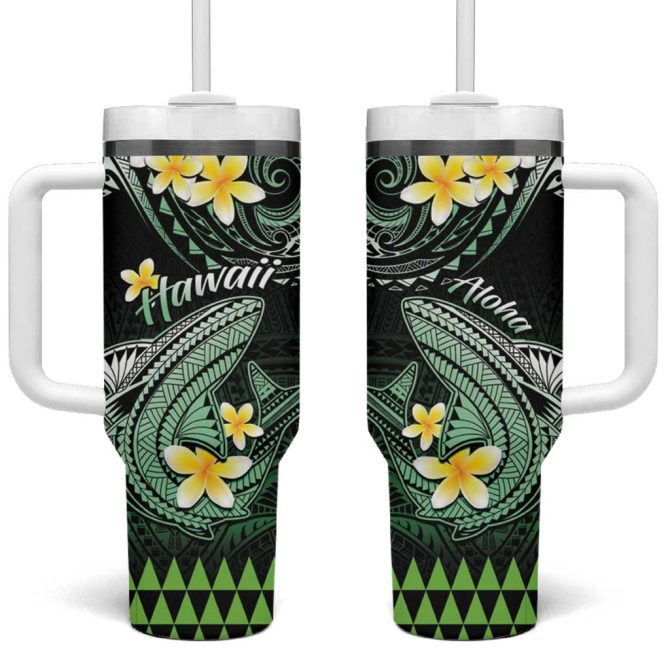 Hawaii Polynesian Shark With Kakau Green Custom Stanley Quencher 40Oz Stainless Steel Tumbler With Handle