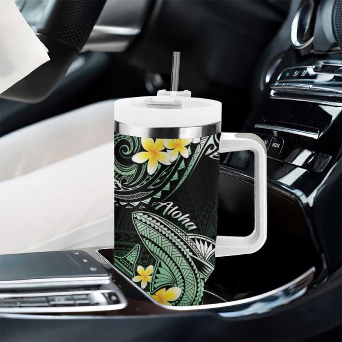Hawaii Polynesian Shark With Kakau Green Custom Stanley Quencher 40Oz Stainless Steel Tumbler With Handle - Image 8