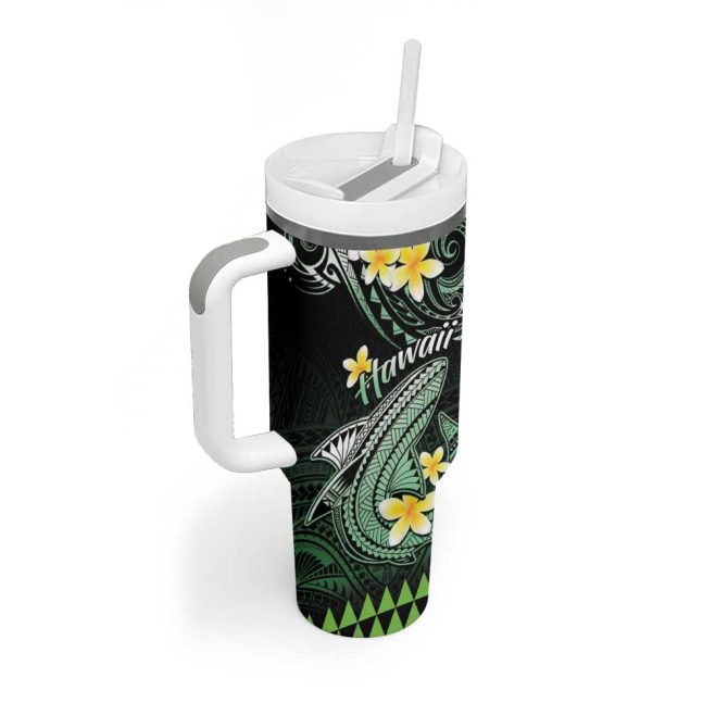 Hawaii Polynesian Shark With Kakau Green Custom Stanley Quencher 40Oz Stainless Steel Tumbler With Handle - Image 2