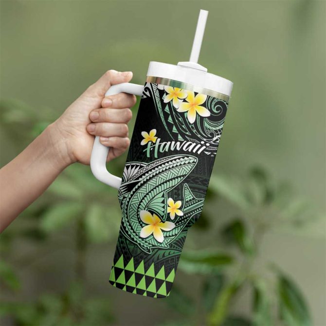 Hawaii Polynesian Shark With Kakau Green Custom Stanley Quencher 40Oz Stainless Steel Tumbler With Handle - Image 3
