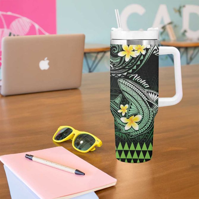 Hawaii Polynesian Shark With Kakau Green Custom Stanley Quencher 40Oz Stainless Steel Tumbler With Handle - Image 5