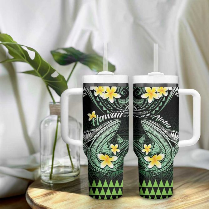 Hawaii Polynesian Shark With Kakau Green Custom Stanley Quencher 40Oz Stainless Steel Tumbler With Handle - Image 9