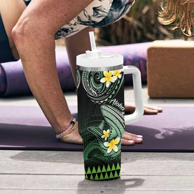 Hawaii Polynesian Shark With Kakau Green Custom Stanley Quencher 40Oz Stainless Steel Tumbler With Handle - Image 6