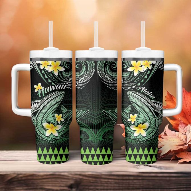 Hawaii Polynesian Shark With Kakau Green Custom Stanley Quencher 40Oz Stainless Steel Tumbler With Handle - Image 4