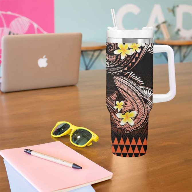 Hawaii Polynesian Shark With Kakau Orange Custom Stanley Quencher 40Oz Stainless Steel Tumbler With Handle - Image 5