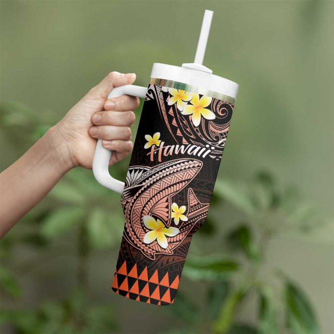 Hawaii Polynesian Shark With Kakau Orange Custom Stanley Quencher 40Oz Stainless Steel Tumbler With Handle - Image 3