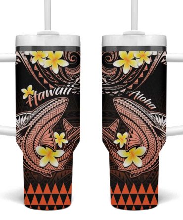 Hawaii Polynesian Shark With Kakau Orange Custom Stanley Quencher 40Oz Stainless Steel Tumbler With Handle
