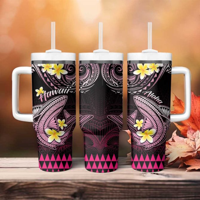 Hawaii Polynesian Shark With Kakau Pink Custom Stanley Quencher 40Oz Stainless Steel Tumbler With Handle - Image 4