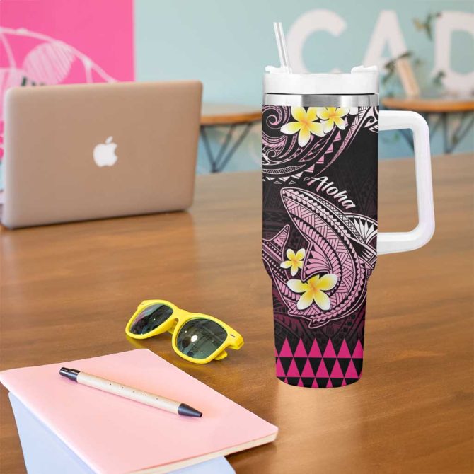 Hawaii Polynesian Shark With Kakau Pink Custom Stanley Quencher 40Oz Stainless Steel Tumbler With Handle - Image 5