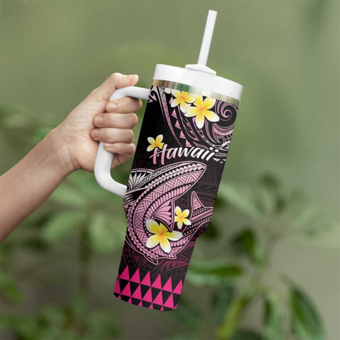 Hawaii Polynesian Shark With Kakau Pink Custom Stanley Quencher 40Oz Stainless Steel Tumbler With Handle - Image 3