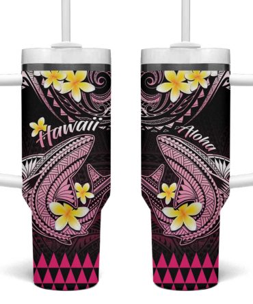 Hawaii Polynesian Shark With Kakau Pink Custom Stanley Quencher 40Oz Stainless Steel Tumbler With Handle