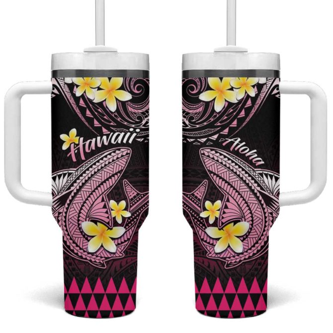 Hawaii Polynesian Shark With Kakau Pink Custom Stanley Quencher 40Oz Stainless Steel Tumbler With Handle