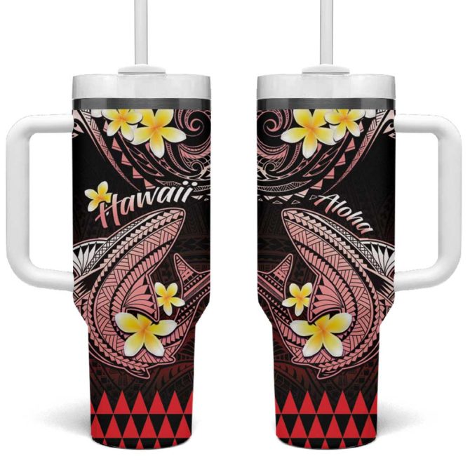 Hawaii Polynesian Shark With Kakau Red Custom Stanley Quencher 40Oz Stainless Steel Tumbler With Handle