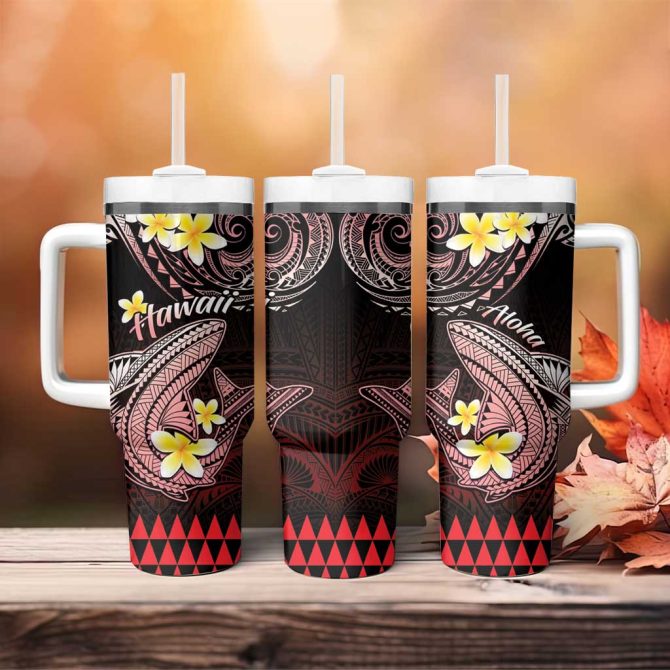 Hawaii Polynesian Shark With Kakau Red Custom Stanley Quencher 40Oz Stainless Steel Tumbler With Handle - Image 4