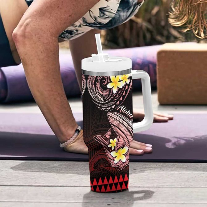 Hawaii Polynesian Shark With Kakau Red Custom Stanley Quencher 40Oz Stainless Steel Tumbler With Handle - Image 6