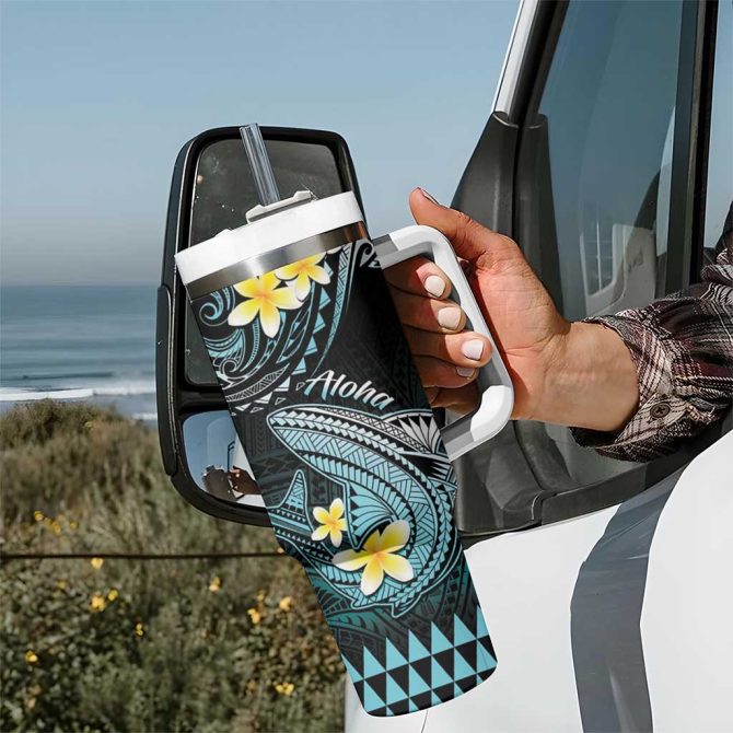 Hawaii Polynesian Shark With Kakau Turquoise Custom Stanley Quencher 40Oz Stainless Steel Tumbler With Handle - Image 7