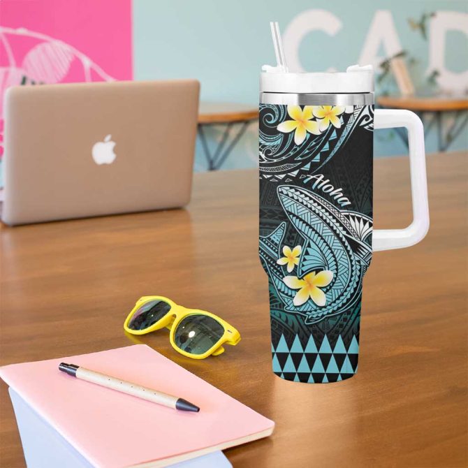 Hawaii Polynesian Shark With Kakau Turquoise Custom Stanley Quencher 40Oz Stainless Steel Tumbler With Handle - Image 5