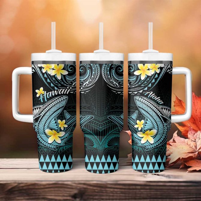 Hawaii Polynesian Shark With Kakau Turquoise Custom Stanley Quencher 40Oz Stainless Steel Tumbler With Handle - Image 4