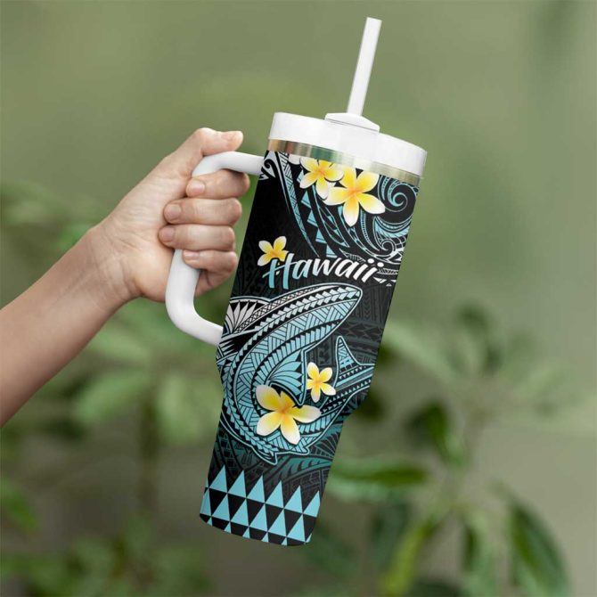 Hawaii Polynesian Shark With Kakau Turquoise Custom Stanley Quencher 40Oz Stainless Steel Tumbler With Handle - Image 3