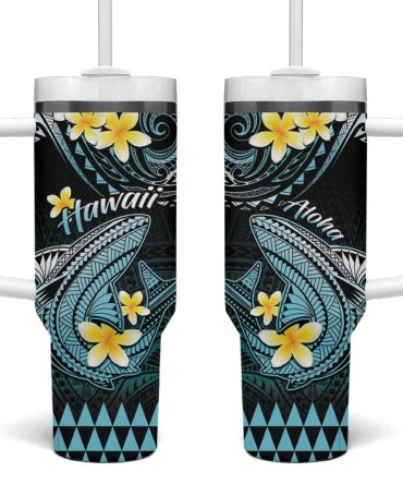 Hawaii Polynesian Shark With Kakau Turquoise Custom Stanley Quencher 40Oz Stainless Steel Tumbler With Handle