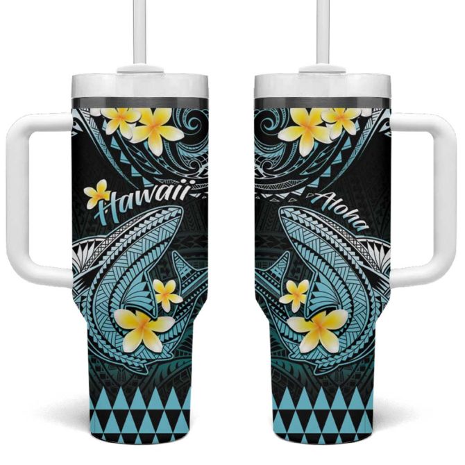 Hawaii Polynesian Shark With Kakau Turquoise Custom Stanley Quencher 40Oz Stainless Steel Tumbler With Handle