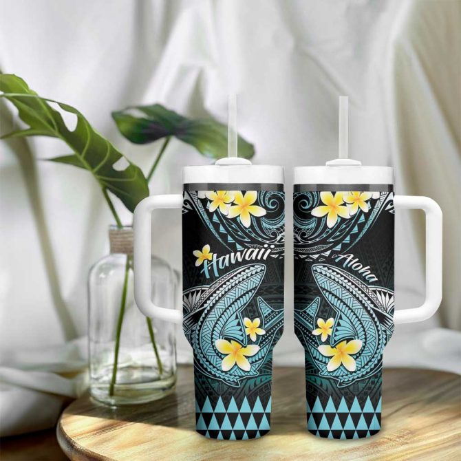 Hawaii Polynesian Shark With Kakau Turquoise Custom Stanley Quencher 40Oz Stainless Steel Tumbler With Handle - Image 9