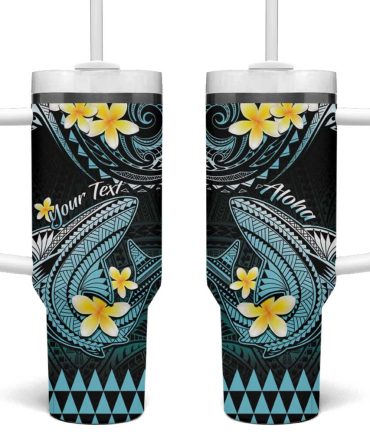 Hawaii Polynesian Shark With Kakau Turquoise Custom Stanley Quencher 40Oz Stainless Steel Tumbler With Handle