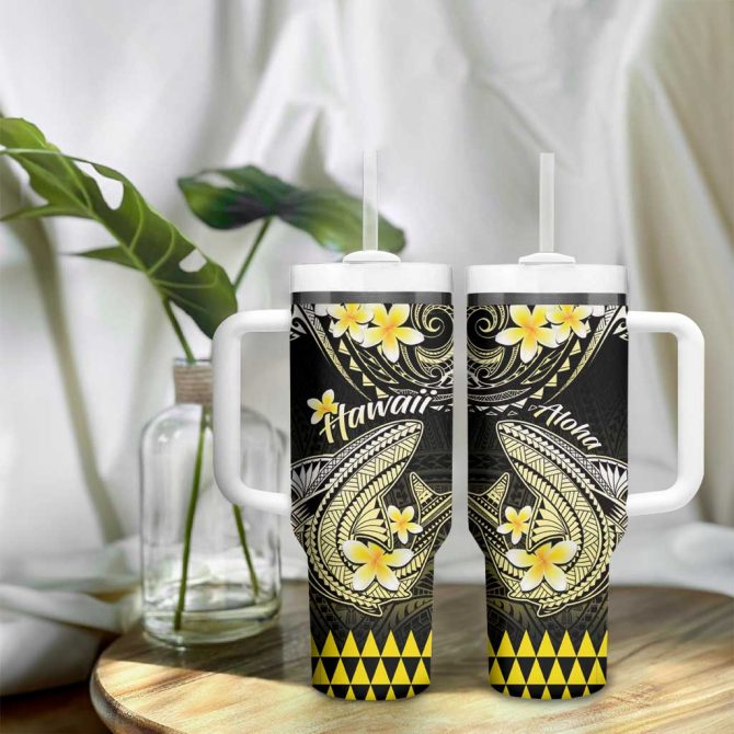 Hawaii Polynesian Shark With Kakau Yellow Custom Stanley Quencher 40Oz Stainless Steel Tumbler With Handle - Image 9