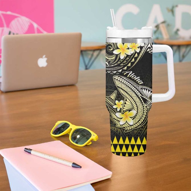 Hawaii Polynesian Shark With Kakau Yellow Custom Stanley Quencher 40Oz Stainless Steel Tumbler With Handle - Image 5